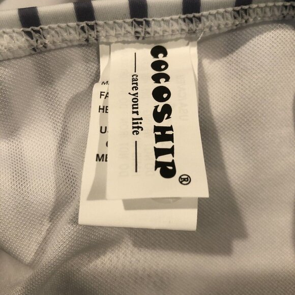 Cocoship Pom Pom Trim Striped High Waist Bikini Set White Light Slate Blue 8 New - Picture 8 of 11